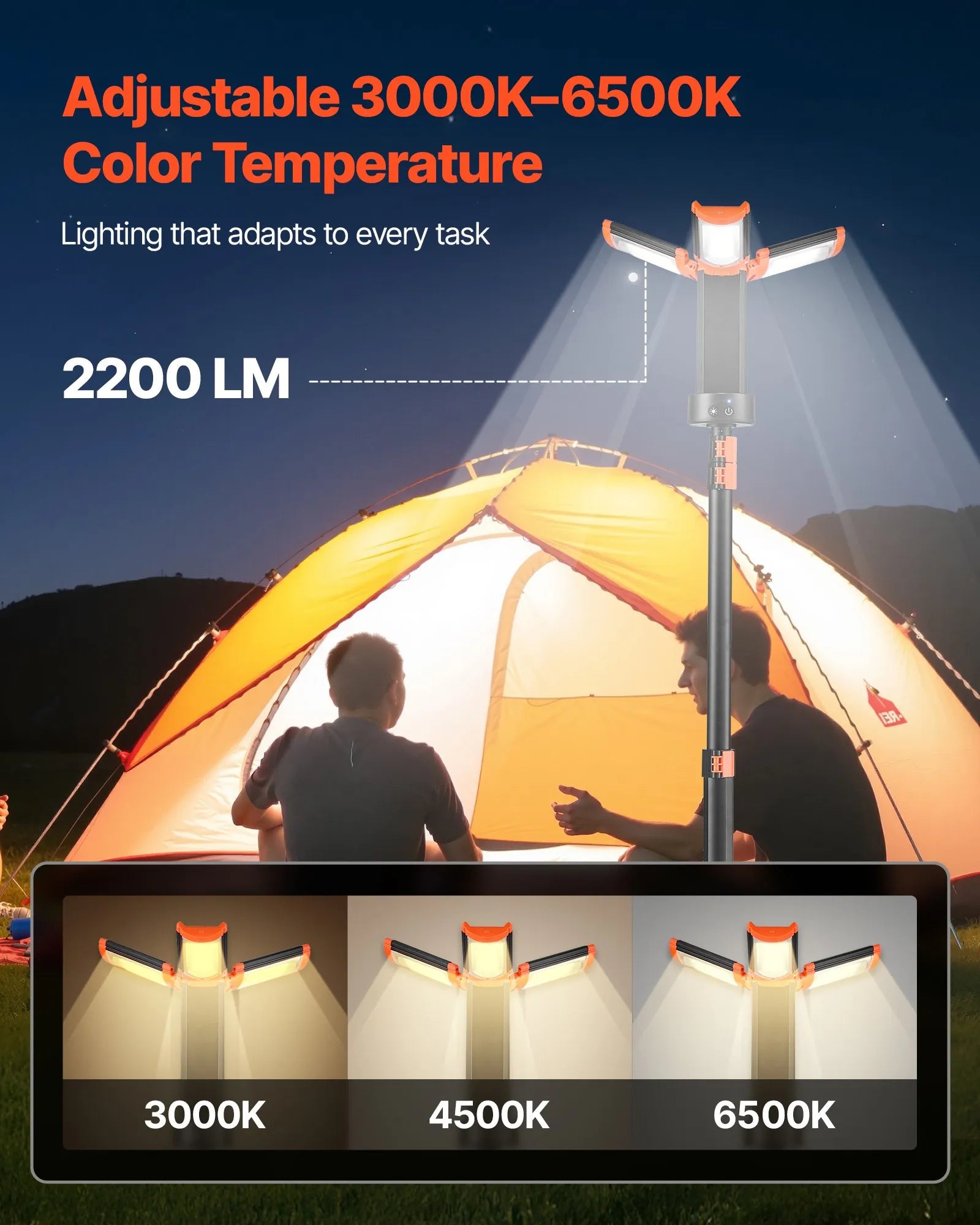 VEVOR LED darba gaisma ar statīvu, 10 Ah, uzlādējama bezvadu kempinga gaisma, ar 3 lampu galvām, noņemamu trijkāja statīvu, 2200 lūmeni, 3000K–6500K regulējams spilgtums, pārnēsājams apgaismojums būvlaukumiem
