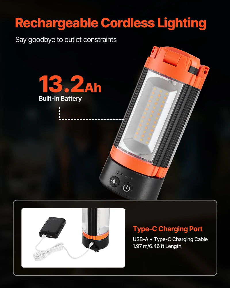 VEVOR LED darba gaisma ar statīvu, 13,2 Ah akumulators, uzlādējama bezvadu konstrukcijas un kempinga lampa ar 3 gaismas galvām, noņemamu trijkāja statīvu, spilgtums 2200 lūmeni, 3000–6500 K regulējama gaisma, pārnēsājama darba vietām