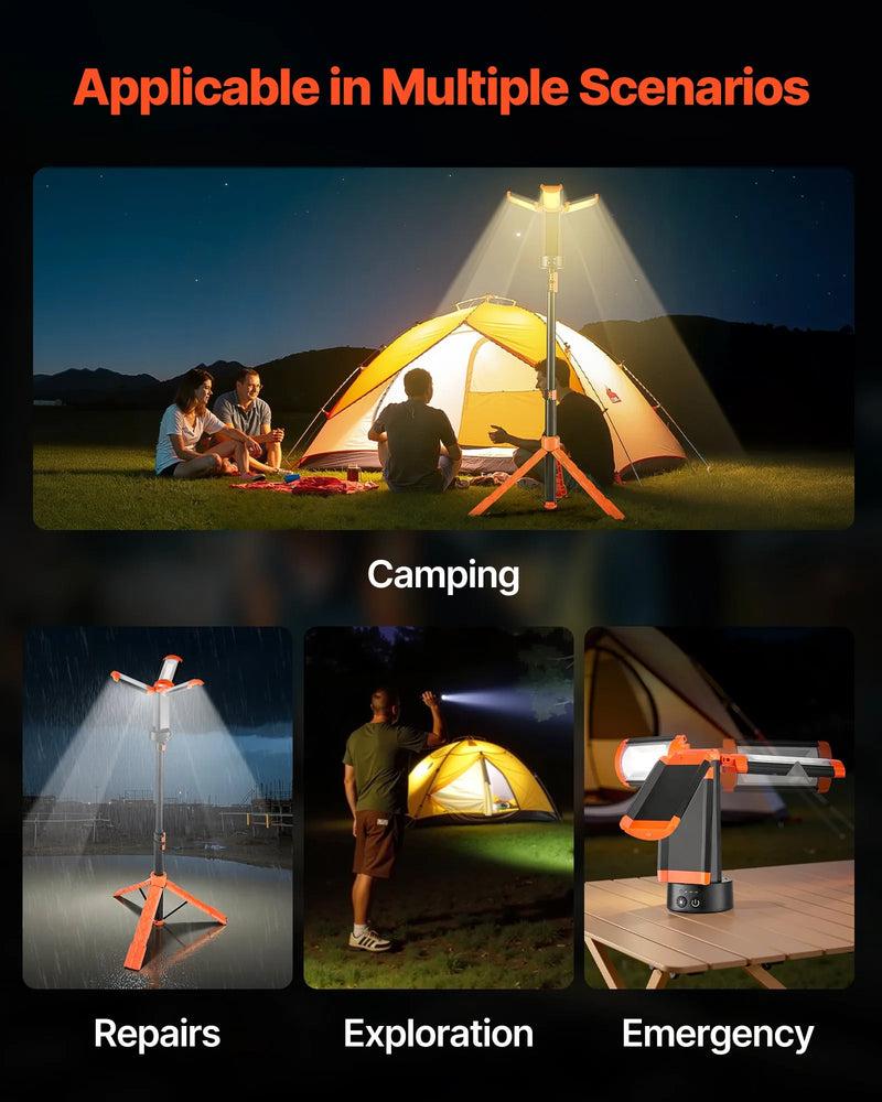 VEVOR LED darba gaisma ar statīvu, 13,2 Ah akumulators, uzlādējama bezvadu konstrukcijas un kempinga lampa ar 3 gaismas galvām, noņemamu trijkāja statīvu, spilgtums 2200 lūmeni, 3000–6500 K regulējama gaisma, pārnēsājama darba vietām