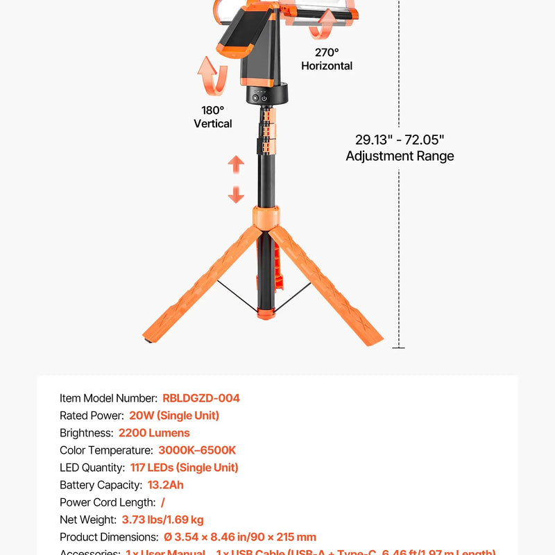VEVOR LED darba gaisma ar statīvu, 13,2 Ah akumulators, uzlādējama bezvadu konstrukcijas un kempinga lampa ar 3 gaismas galvām, noņemamu trijkāja statīvu, spilgtums 2200 lūmeni, 3000–6500 K regulējama gaisma, pārnēsājama darba vietām