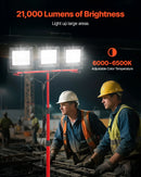 LED darba lampa ar statīvu, 21 000 lm, trīs galvu pārnēsājama kempinga lampa ar individuāliem slēdžiem, trijkāja statīvu un 3,3 m strāvas kabeli, piemērota iekštelpām un āra būvlaukumiem, IP65 ūdensizturīga
