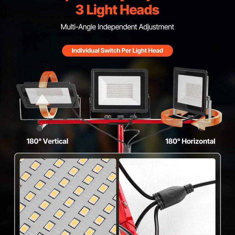 LED darba lampa ar statīvu, 21 000 lm, trīs galvu pārnēsājama kempinga lampa ar individuāliem slēdžiem, trijkāja statīvu un 3,3 m strāvas kabeli, piemērota iekštelpām un āra būvlaukumiem, IP65 ūdensizturīga