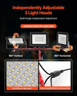 LED darba lampa ar statīvu, 21 000 lm, trīs galvu pārnēsājama kempinga lampa ar individuāliem slēdžiem, trijkāja statīvu un 3,3 m strāvas kabeli, piemērota iekštelpām un āra būvlaukumiem, IP65 ūdensizturīga