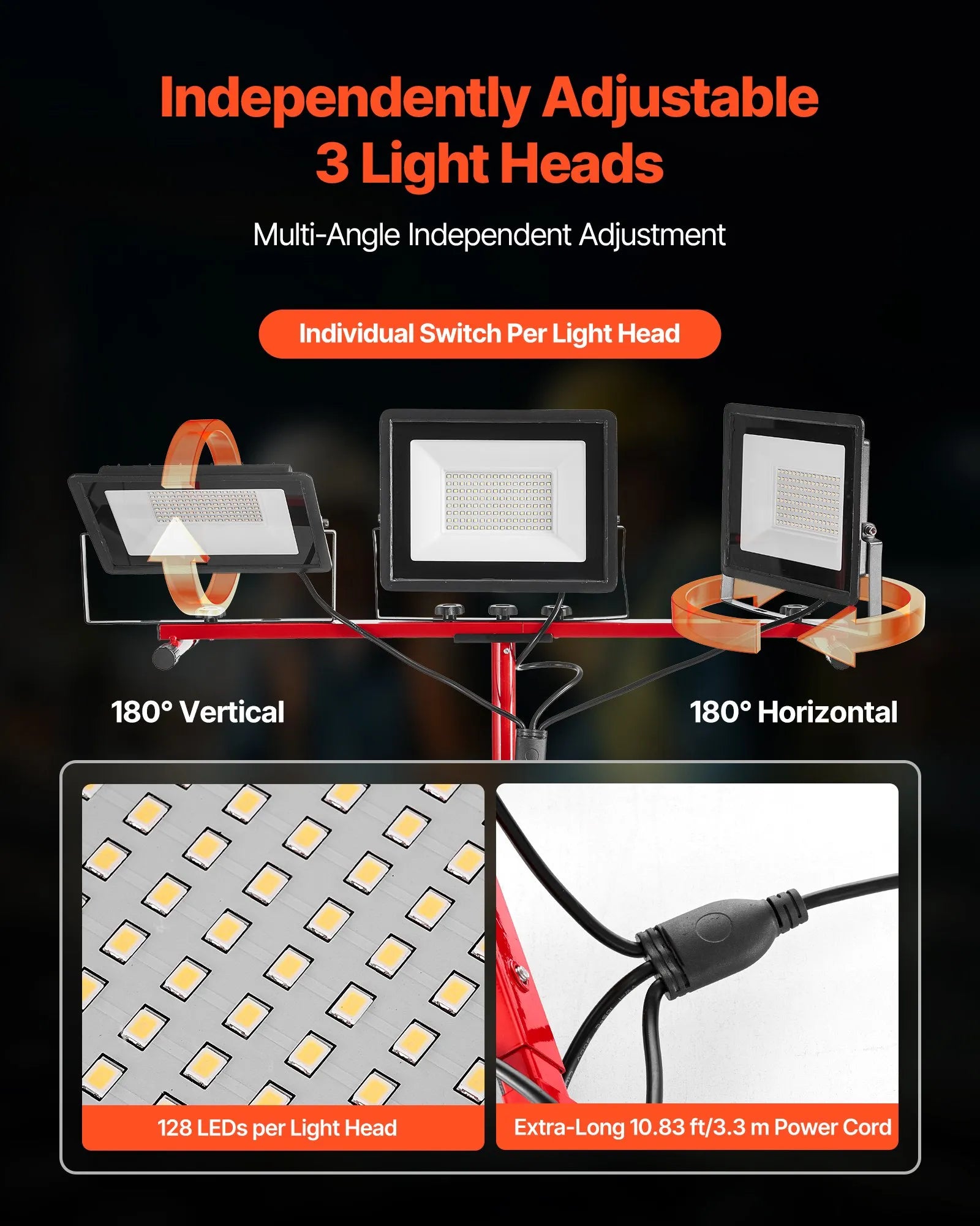 LED darba lampa ar statīvu, 21 000 lm, trīs galvu pārnēsājama kempinga lampa ar individuāliem slēdžiem, trijkāja statīvu un 3,3 m strāvas kabeli, piemērota iekštelpām un āra būvlaukumiem, IP65 ūdensizturīga