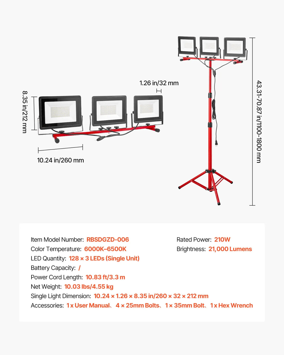 LED darba lampa ar statīvu, 21 000 lm, trīs galvu pārnēsājama kempinga lampa ar individuāliem slēdžiem, trijkāja statīvu un 3,3 m strāvas kabeli, piemērota iekštelpām un āra būvlaukumiem, IP65 ūdensizturīga