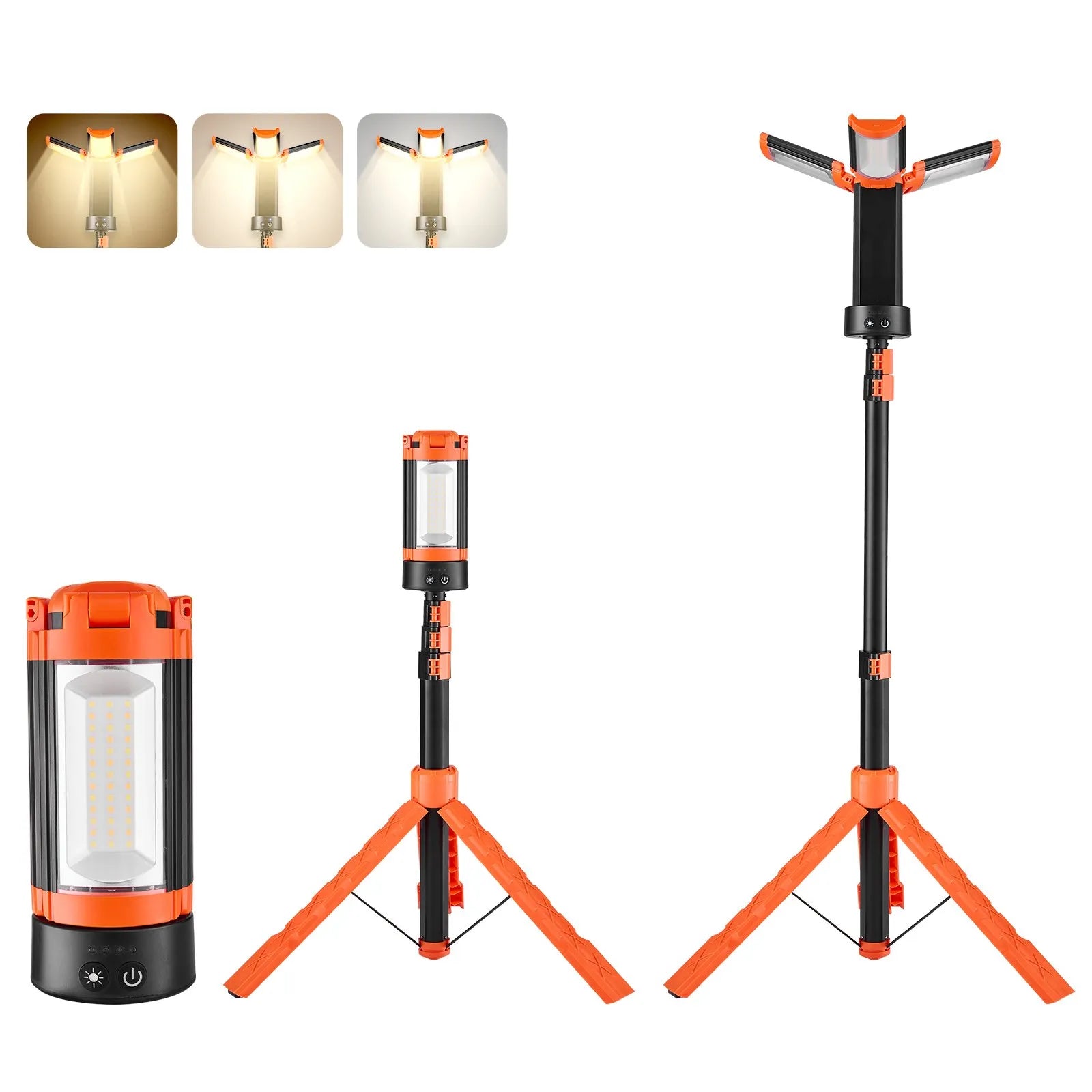 VEVOR LED darba lampa ar statīvu, 8 Ah uzlādējama bezvadu kempinga lampa ar 3 lampu galvām, noņemams statīvs, 2200 lm, 3000–6500 K, regulējams spilgtums, pārnēsājams apgaismojums būvlaukumiem