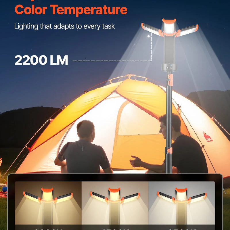 VEVOR LED darba lampa ar statīvu, 8 Ah uzlādējama bezvadu kempinga lampa ar 3 lampu galvām, noņemams statīvs, 2200 lm, 3000–6500 K, regulējams spilgtums, pārnēsājams apgaismojums būvlaukumiem