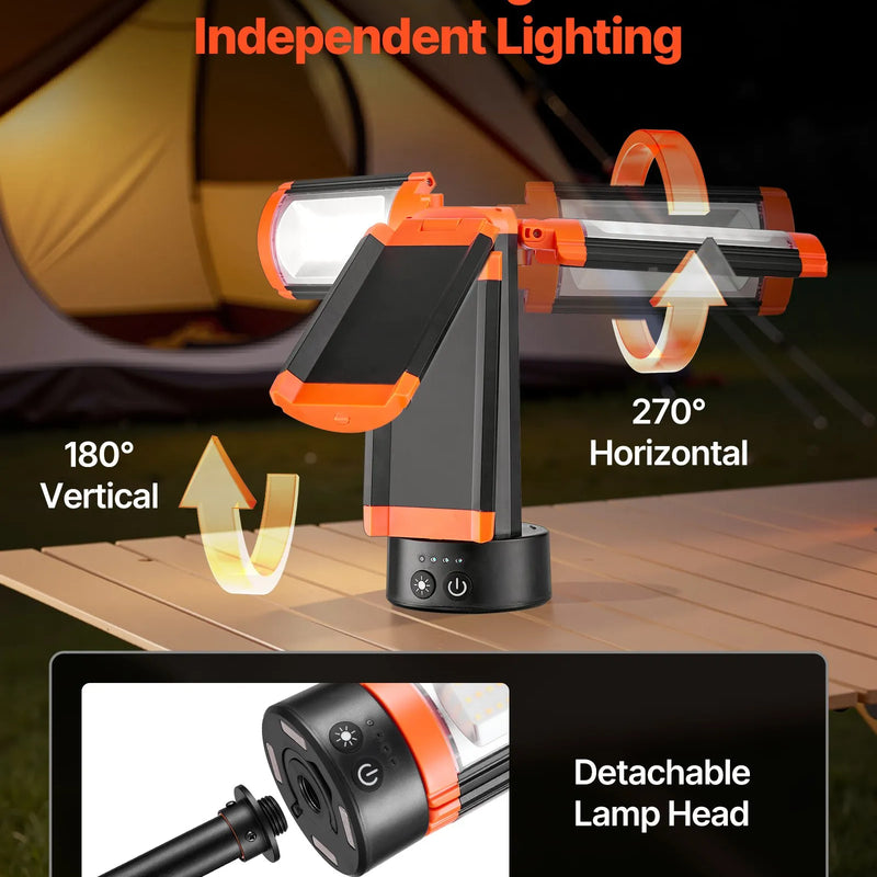 VEVOR LED darba gaisma ar statīvu, 8 Ah, uzlādējama bezvadu kempinga gaisma, ar 3 lampu galvām, noņemamu trijkāja statīvu, 2200 lūmeni, 3000K–6500K regulējams spilgtums, pārnēsājams apgaismojums būvlaukumiem