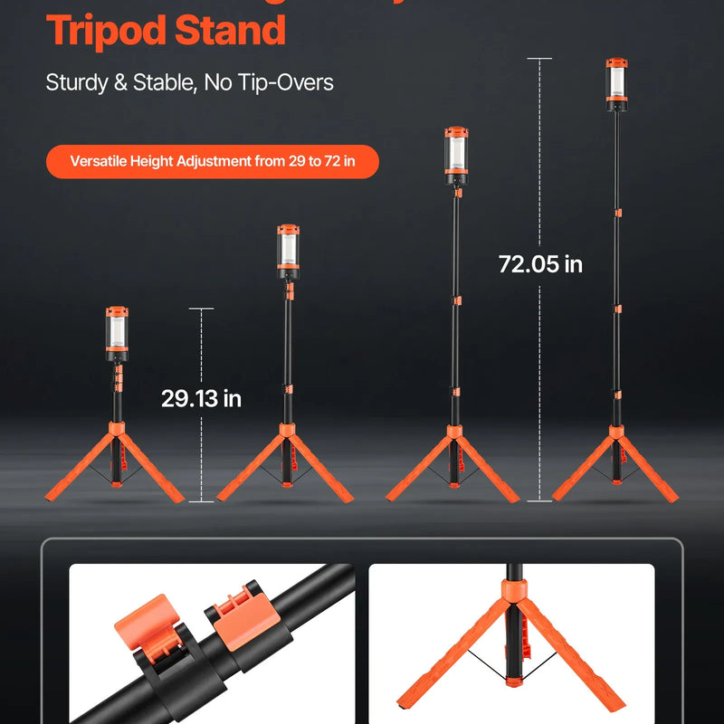 VEVOR LED darba lampa ar statīvu, 8 Ah uzlādējama bezvadu kempinga lampa ar 3 lampu galvām, noņemams statīvs, 2200 lm, 3000–6500 K, regulējams spilgtums, pārnēsājams apgaismojums būvlaukumiem