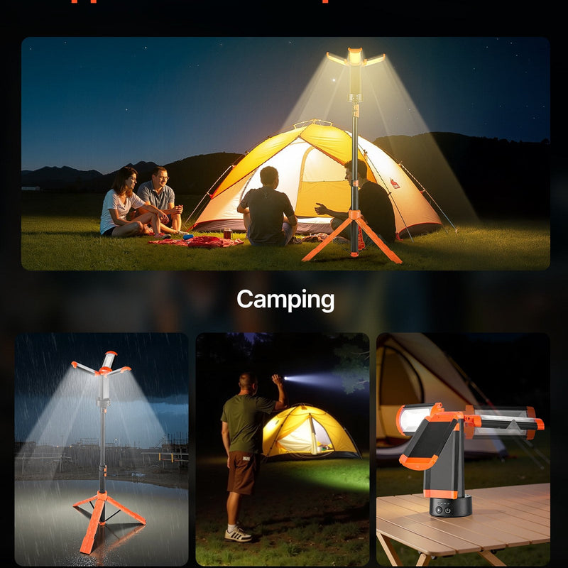 VEVOR LED darba lampa ar statīvu, 8 Ah uzlādējama bezvadu kempinga lampa ar 3 lampu galvām, noņemams statīvs, 2200 lm, 3000–6500 K, regulējams spilgtums, pārnēsājams apgaismojums būvlaukumiem