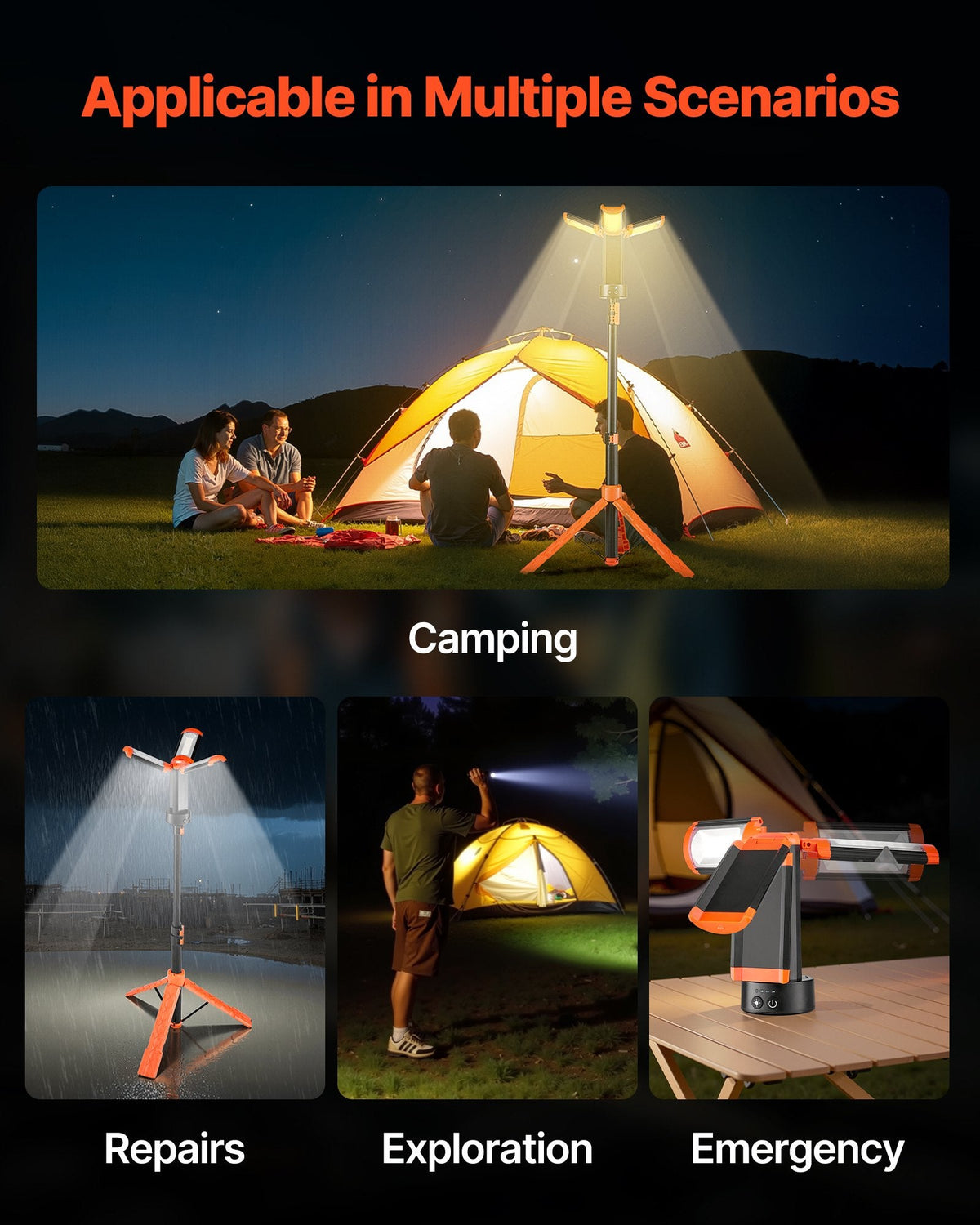 VEVOR LED darba lampa ar statīvu, 8 Ah uzlādējama bezvadu kempinga lampa ar 3 lampu galvām, noņemams statīvs, 2200 lm, 3000–6500 K, regulējams spilgtums, pārnēsājams apgaismojums būvlaukumiem