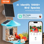 VEVOR viedā putnu barotava ar kameru, 2K HD izšķirtspēja, AI atpazīšana vairāk nekā 10 000 putnu sugām, saules enerģijas darbināma putnu vērošanas kamera ar automātisku uzņemšanu un tūlītējiem paziņojumiem, bezvadu āra lietošanai, ar 3 saules paneļiem