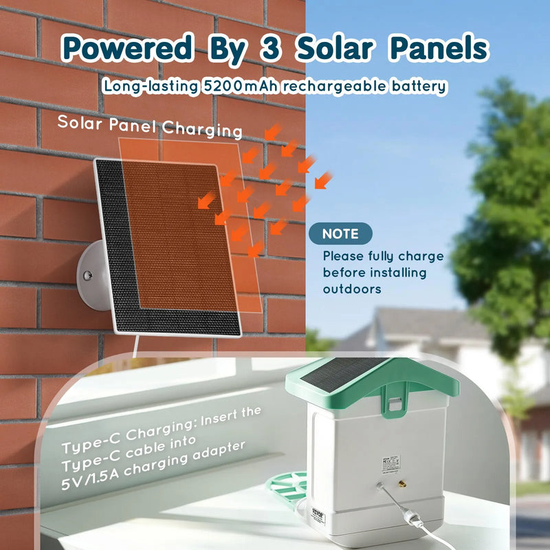 VEVOR viedā putnu barotava ar kameru, 2K HD izšķirtspēja, AI atpazīšana vairāk nekā 10 000 putnu sugām, saules enerģijas darbināma putnu vērošanas kamera ar automātisku uzņemšanu un tūlītējiem paziņojumiem, bezvadu āra lietošanai, ar 3 saules paneļiem