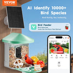 VEVOR viedā putnu barotava ar kameru, 2K HD izšķirtspēju, AI atpazīšanu vairāk nekā 10 000 putnu sugām, saules enerģijas uzlādi, automātisku uzņemšanu un tūlītējiem paziņojumiem, bezvadu āra lietošanai, zaļa