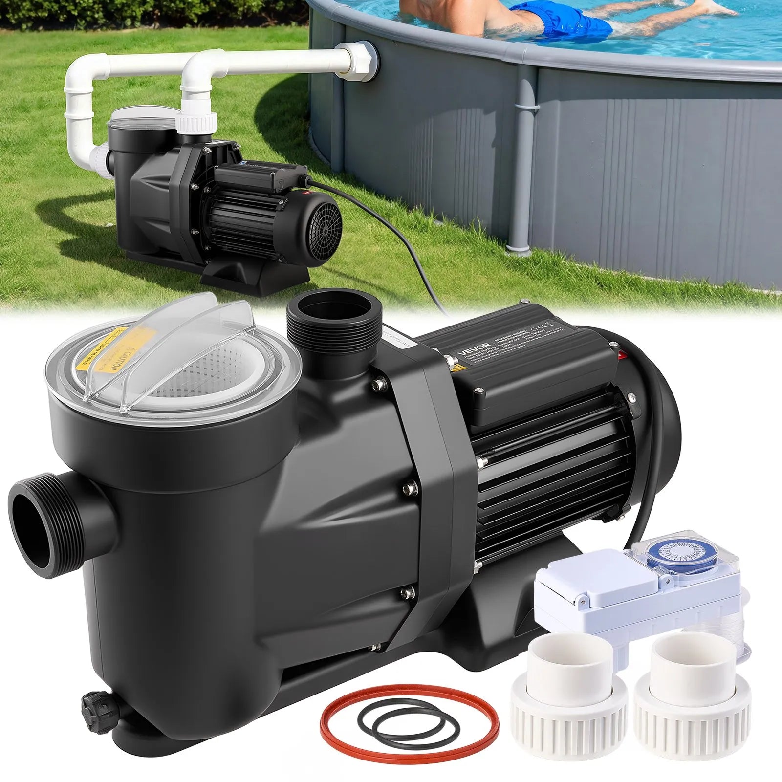 VEVOR baseina sūknis 1300 W, līdz 28 800 l/h, 220–240 V, 2850 apgr./min, 17 m pacēlums, ar 24 h taimeri un filtra grozu, virszemes un iegremdētiem baseiniem, spa