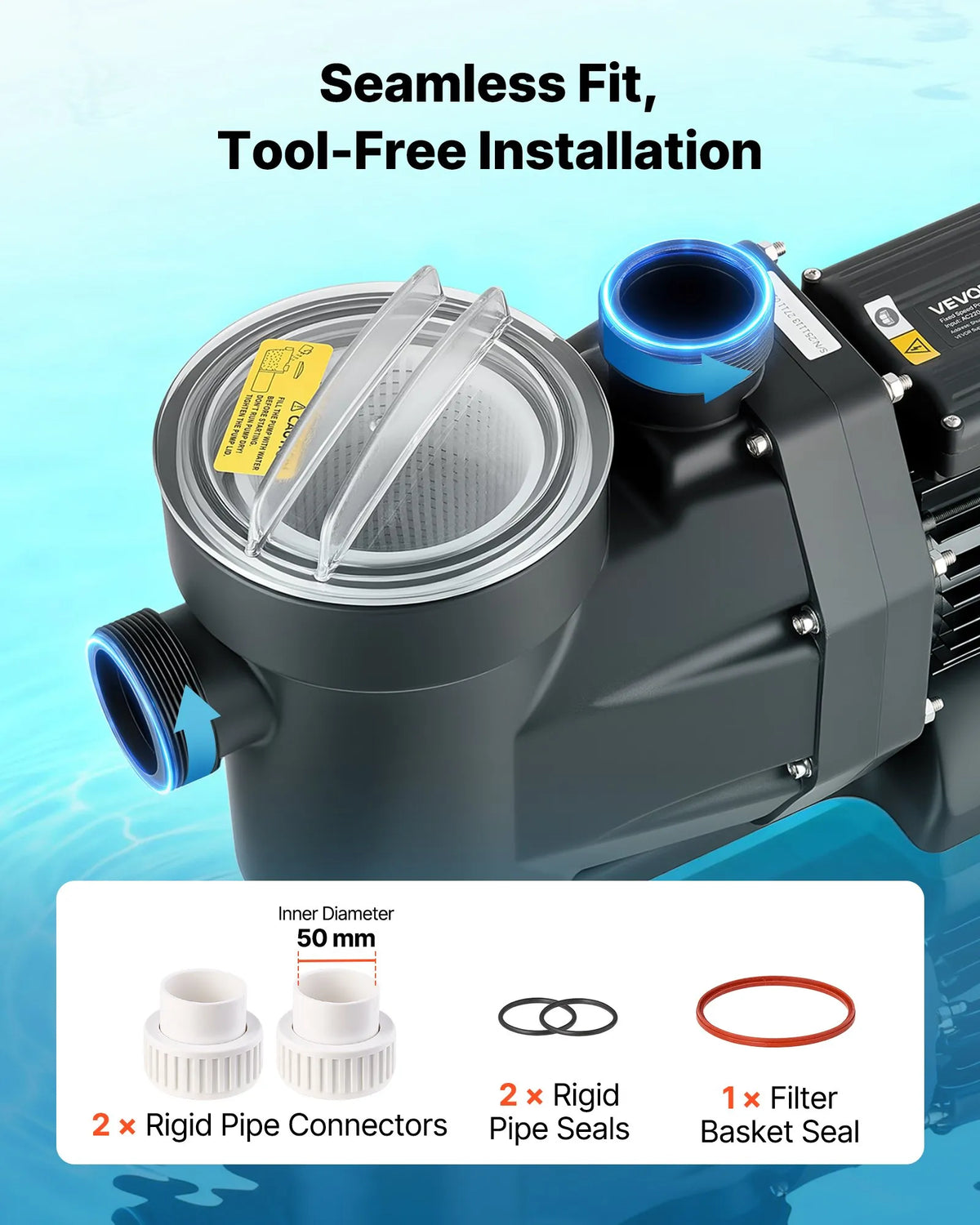 VEVOR baseina sūknis 1300 W, līdz 28 800 l/h, 220–240 V, 2850 apgr./min, 17 m pacēlums, ar 24 h taimeri un filtra grozu, virszemes un iegremdētiem baseiniem, spa