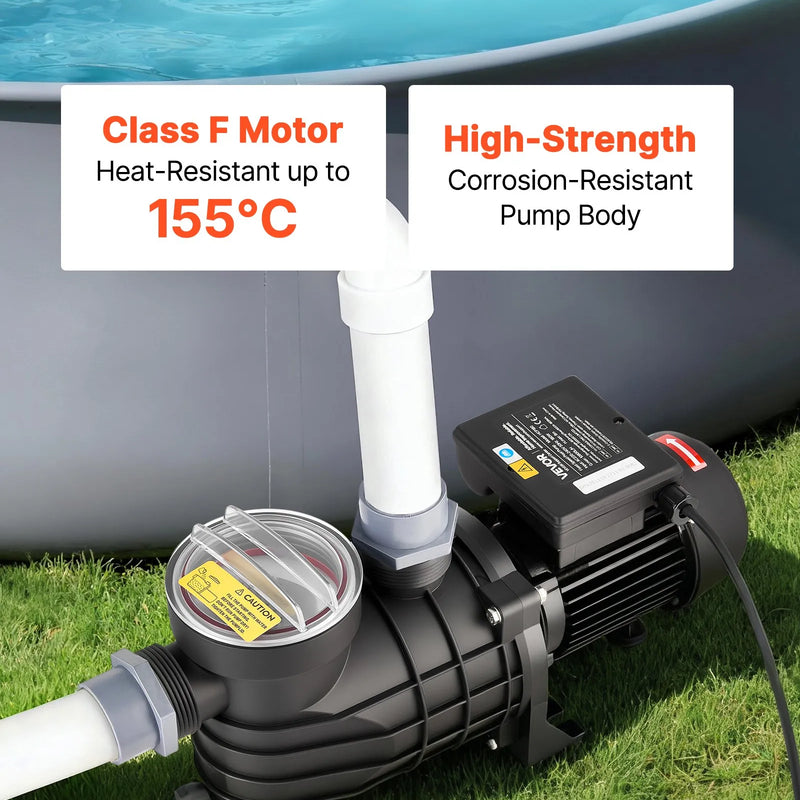 VEVOR Virszemes Baseina Sūknis 180 W, Maks. Plūsma 10 800 L/h, Viena Ātruma Peldbaseina Sūknis, AC 220–240 V, 2850 apgr./min., Maks. Pacelšanas Augstums 8 m, ar Filtra Grozu un Vāku, Virszemes Baseiniem, Karstajām Vannām un SPA
