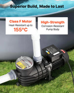 VEVOR Virszemes Baseina Sūknis 180 W, Maks. Plūsma 10 800 L/h, Viena Ātruma Peldbaseina Sūknis, AC 220–240 V, 2850 apgr./min., Maks. Pacelšanas Augstums 8 m, ar Filtra Grozu un Vāku, Virszemes Baseiniem, Karstajām Vannām un SPA