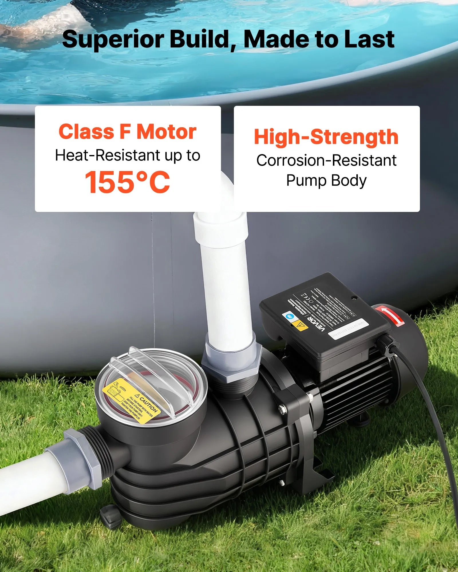 VEVOR Virszemes Baseina Sūknis 180 W, Maks. Plūsma 10 800 L/h, Viena Ātruma Peldbaseina Sūknis, AC 220–240 V, 2850 apgr./min., Maks. Pacelšanas Augstums 8 m, ar Filtra Grozu un Vāku, Virszemes Baseiniem, Karstajām Vannām un SPA