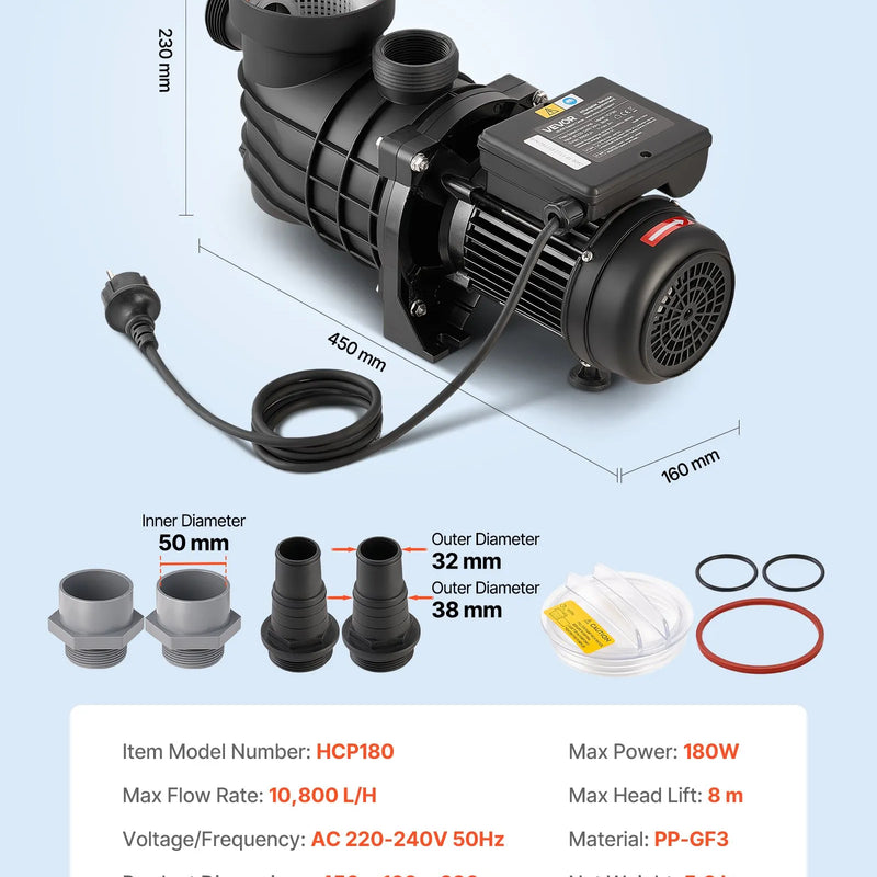 VEVOR Virszemes Baseina Sūknis 180 W, Maks. Plūsma 10 800 L/h, Viena Ātruma Peldbaseina Sūknis, AC 220–240 V, 2850 apgr./min., Maks. Pacelšanas Augstums 8 m, ar Filtra Grozu un Vāku, Virszemes Baseiniem, Karstajām Vannām un SPA