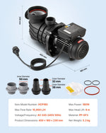 VEVOR Virszemes Baseina Sūknis 180 W, Maks. Plūsma 10 800 L/h, Viena Ātruma Peldbaseina Sūknis, AC 220–240 V, 2850 apgr./min., Maks. Pacelšanas Augstums 8 m, ar Filtra Grozu un Vāku, Virszemes Baseiniem, Karstajām Vannām un SPA