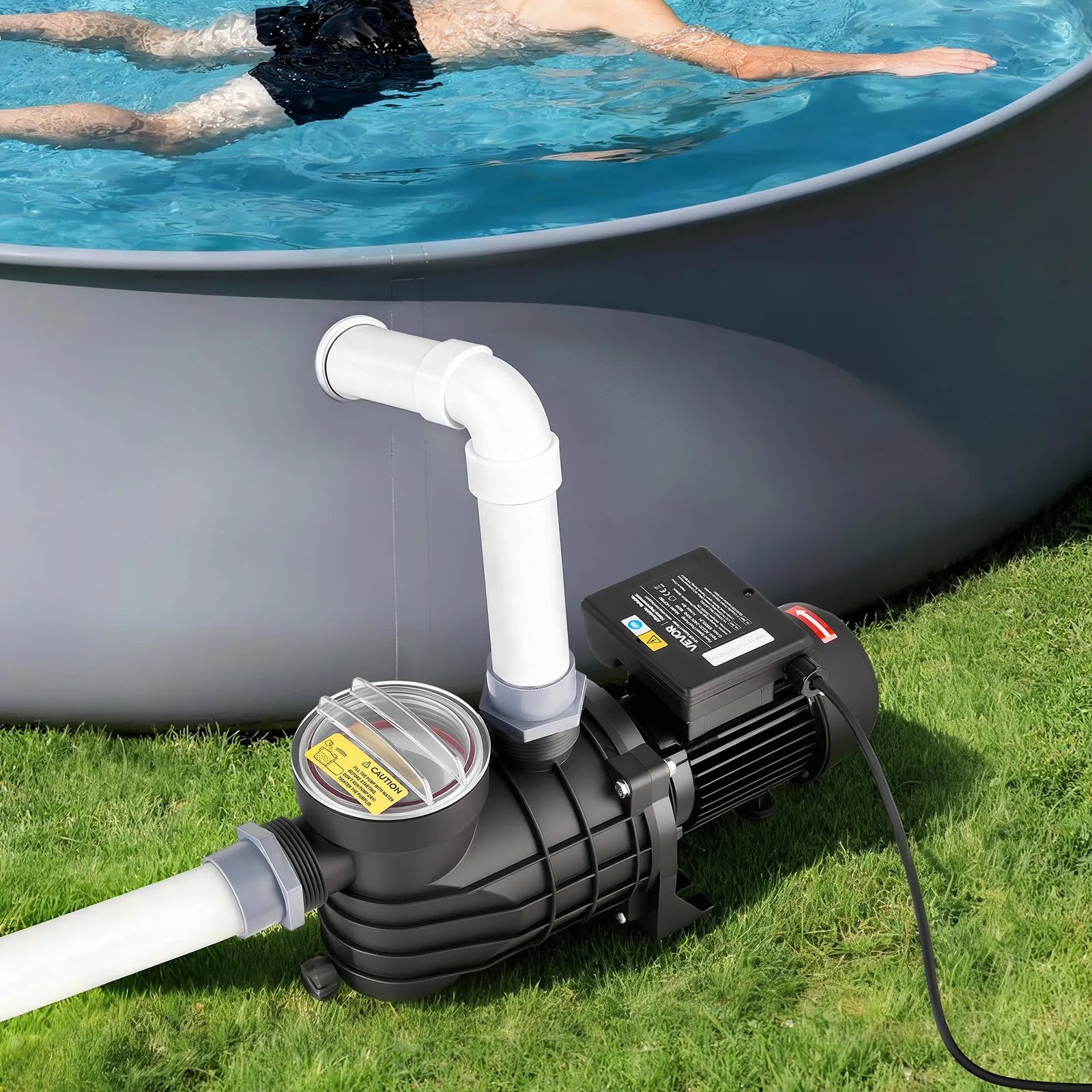 VEVOR Virszemes Baseina Sūknis 180 W, Maks. Plūsma 10 800 L/h, Viena Ātruma Peldbaseina Sūknis, AC 220–240 V, 2850 apgr./min., Maks. Pacelšanas Augstums 8 m, ar Filtra Grozu un Vāku, Virszemes Baseiniem, Karstajām Vannām un SPA