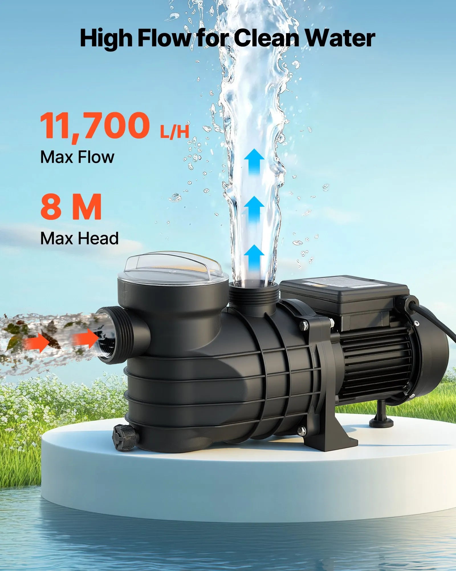 VEVOR virszemes baseina sūknis 250 W, līdz 11 700 l/h, 220–240 V, 2850 apgr./min, 8 m pacēlums, ar filtra grozu un vāku, piemērots baseiniem un spa