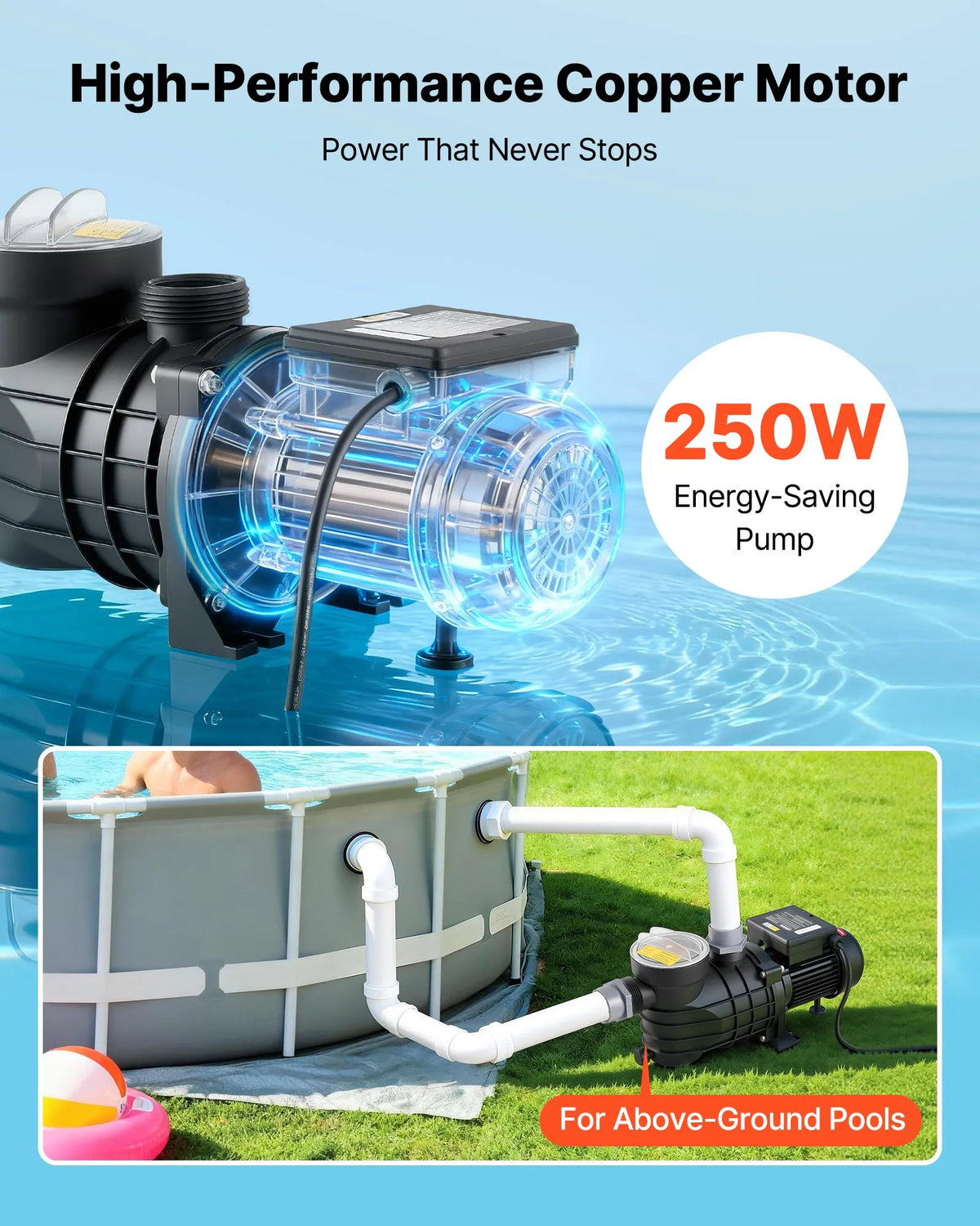 VEVOR virszemes baseina sūknis 250 W, līdz 11 700 l/h, 220–240 V, 2850 apgr./min, 8 m pacēlums, ar filtra grozu un vāku, piemērots baseiniem un spa