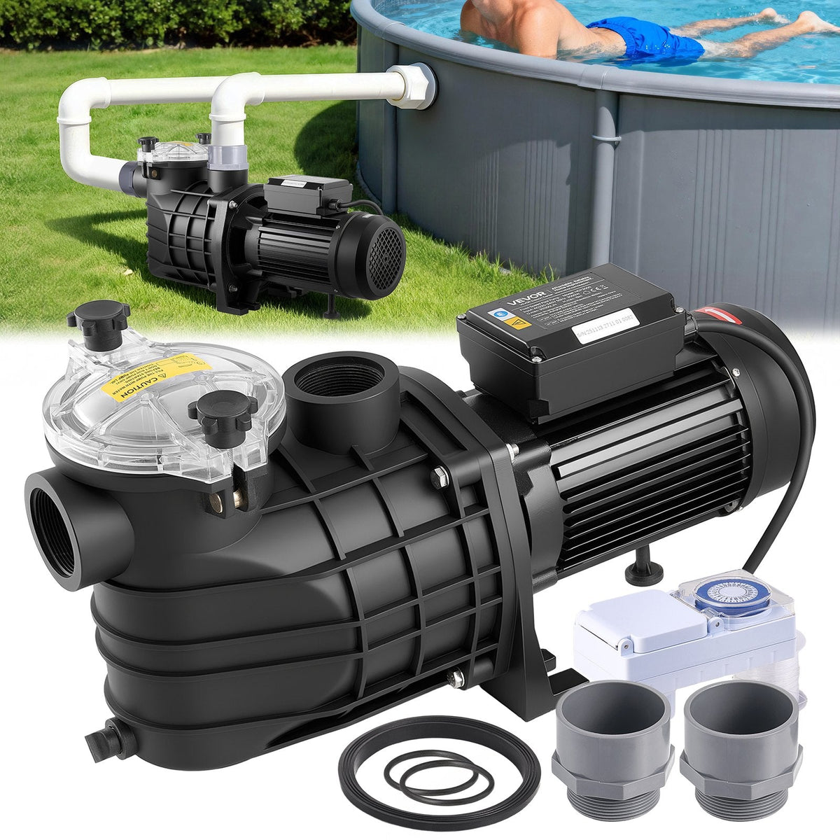 VEVOR Baseina Sūknis 3000 W, Maks. Plūsma 35 000 L/h, Viena Ātruma Peldbaseina Sūknis, AC 220–240 V, 2860 apgr./min., Maks. Pacelšanas Augstums 19 m, ar 24 stundu Taimeri un Filtra Grozu, Virszemes un Iebūvētajiem Baseiniem, Karstajām Vannām un SPA