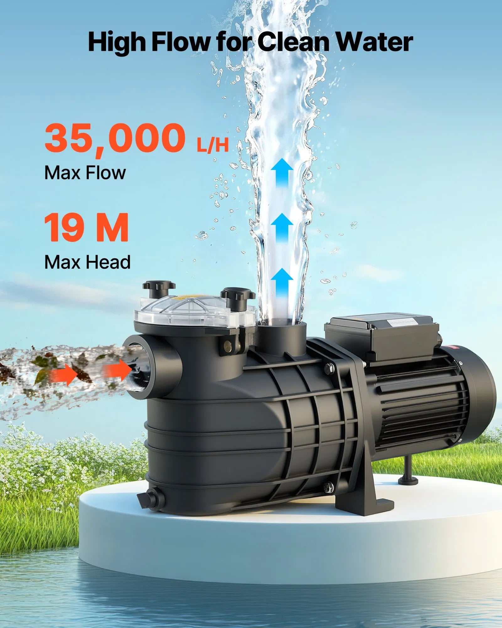 VEVOR Baseina Sūknis 3000 W, Maks. Plūsma 35 000 L/h, Viena Ātruma Peldbaseina Sūknis, AC 220–240 V, 2860 apgr./min., Maks. Pacelšanas Augstums 19 m, ar 24 stundu Taimeri un Filtra Grozu, Virszemes un Iebūvētajiem Baseiniem, Karstajām Vannām un SPA