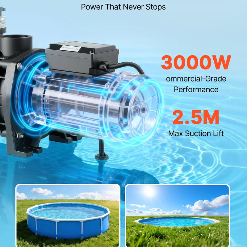 VEVOR Baseina Sūknis 3000 W, Maks. Plūsma 35 000 L/h, Viena Ātruma Peldbaseina Sūknis, AC 220–240 V, 2860 apgr./min., Maks. Pacelšanas Augstums 19 m, ar 24 stundu Taimeri un Filtra Grozu, Virszemes un Iebūvētajiem Baseiniem, Karstajām Vannām un SPA