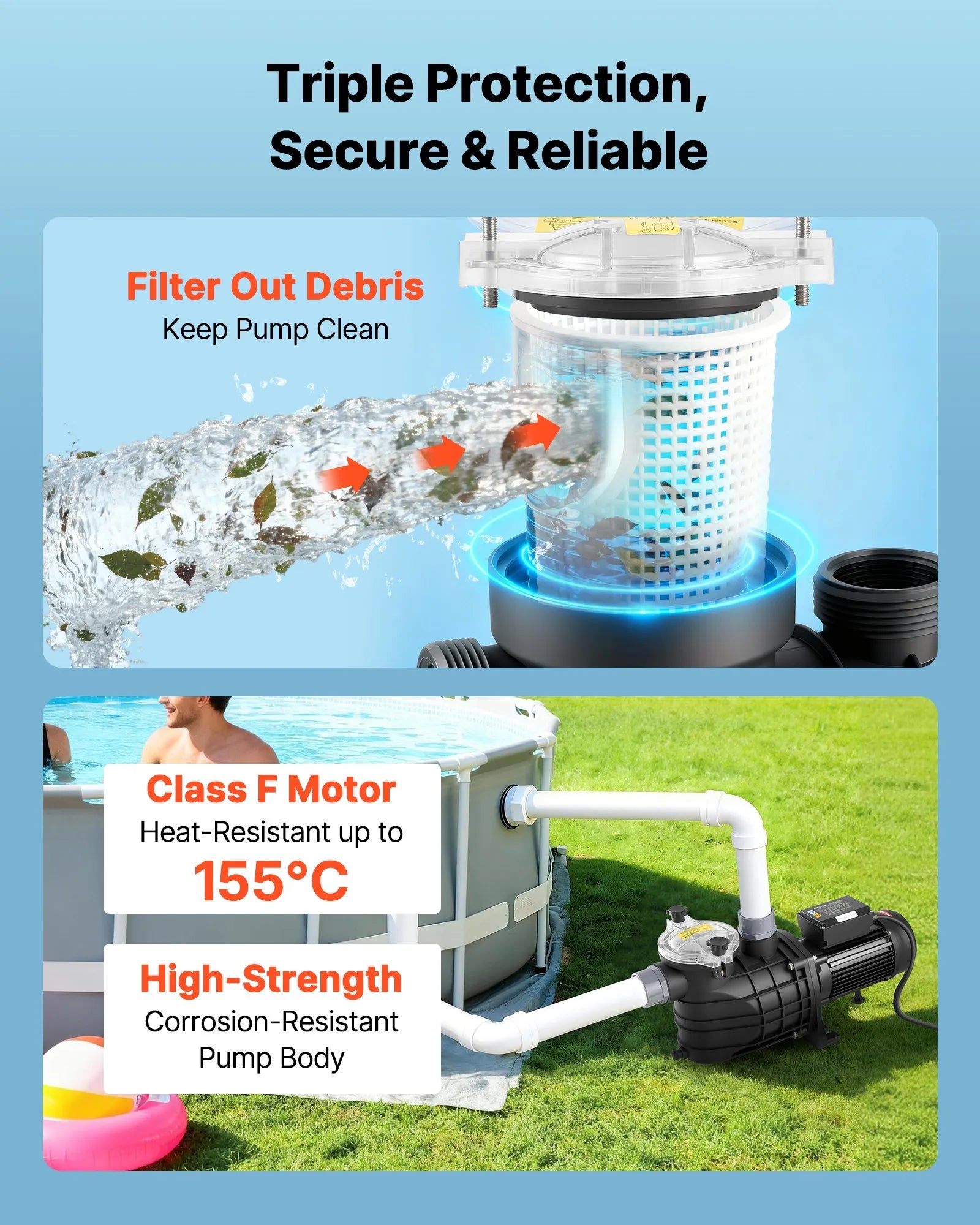 VEVOR Baseina Sūknis 3000 W, Maks. Plūsma 35 000 L/h, Viena Ātruma Peldbaseina Sūknis, AC 220–240 V, 2860 apgr./min., Maks. Pacelšanas Augstums 19 m, ar 24 stundu Taimeri un Filtra Grozu, Virszemes un Iebūvētajiem Baseiniem, Karstajām Vannām un SPA