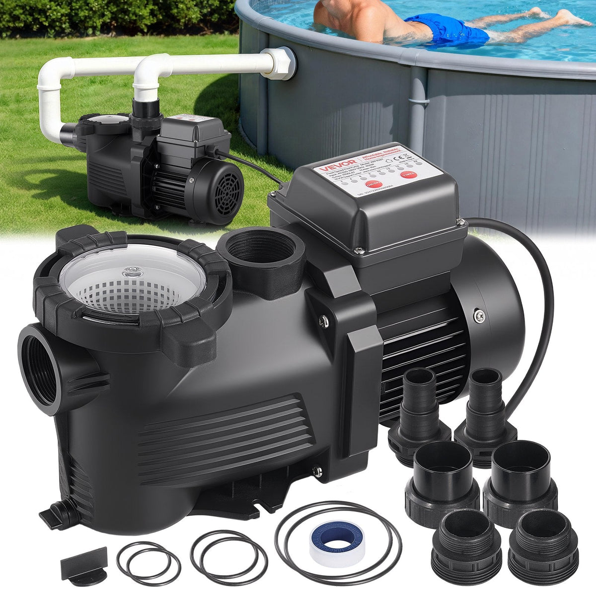 VEVOR baseina sūknis 400 W, līdz 11 100 l/h, 220–240 V, 3450 apgr./min, 10 m pacēlums, ar 24 h taimeri un filtra grozu, virszemes un iegremdētiem baseiniem, spa