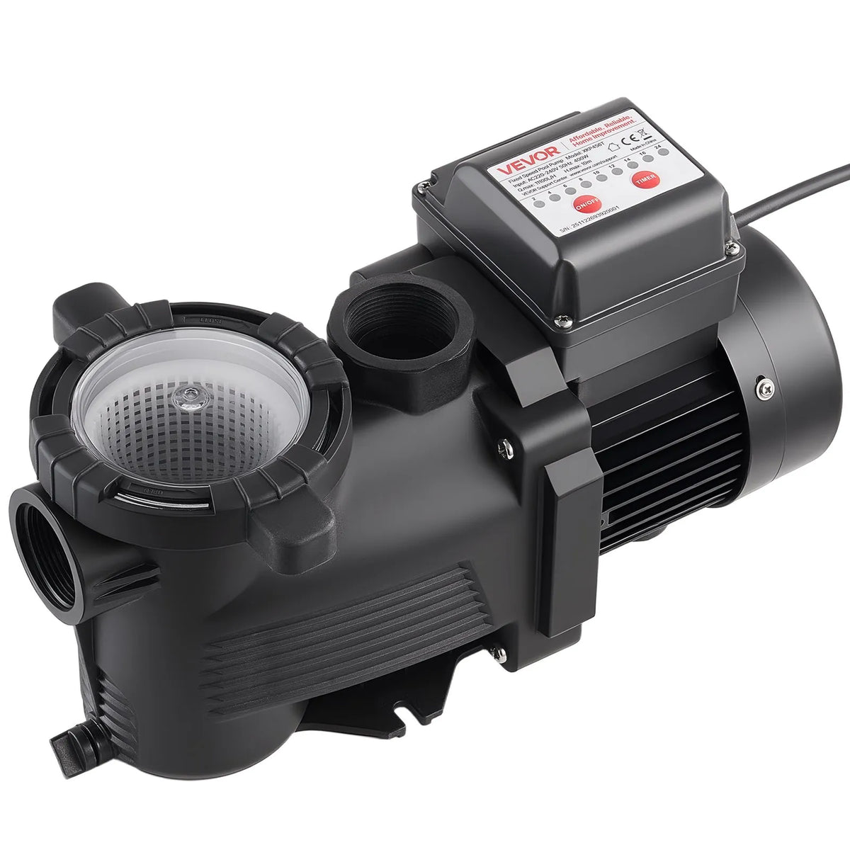 VEVOR baseina sūknis 400 W, līdz 11 100 l/h, 220–240 V, 3450 apgr./min, 10 m pacēlums, ar 24 h taimeri un filtra grozu, virszemes un iegremdētiem baseiniem, spa