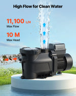 VEVOR baseina sūknis 400 W, līdz 11 100 l/h, 220–240 V, 3450 apgr./min, 10 m pacēlums, ar 24 h taimeri un filtra grozu, virszemes un iegremdētiem baseiniem, spa