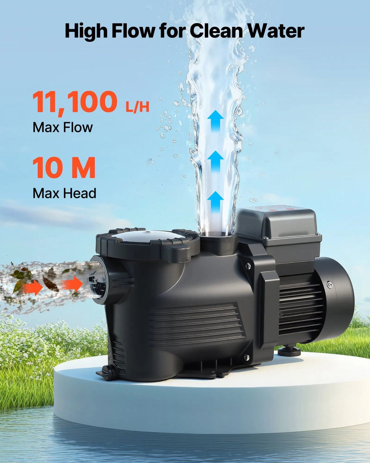 VEVOR baseina sūknis 400 W, līdz 11 100 l/h, 220–240 V, 3450 apgr./min, 10 m pacēlums, ar 24 h taimeri un filtra grozu, virszemes un iegremdētiem baseiniem, spa
