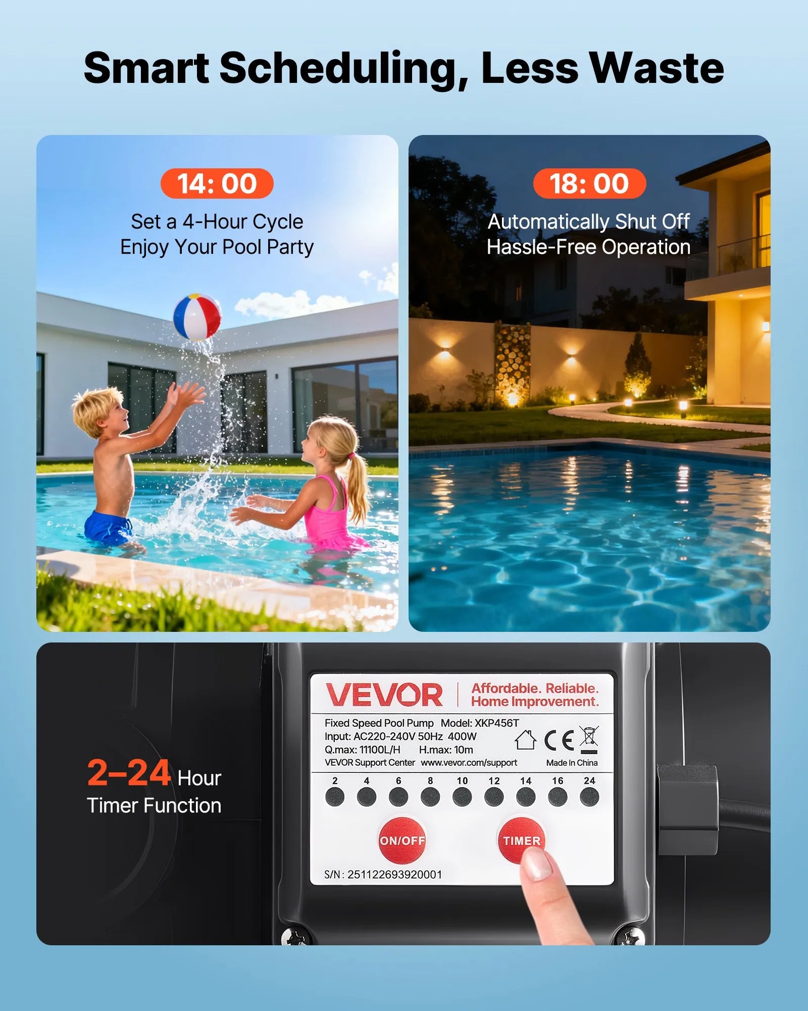VEVOR baseina sūknis 400 W, līdz 11 100 l/h, 220–240 V, 3450 apgr./min, 10 m pacēlums, ar 24 h taimeri un filtra grozu, virszemes un iegremdētiem baseiniem, spa