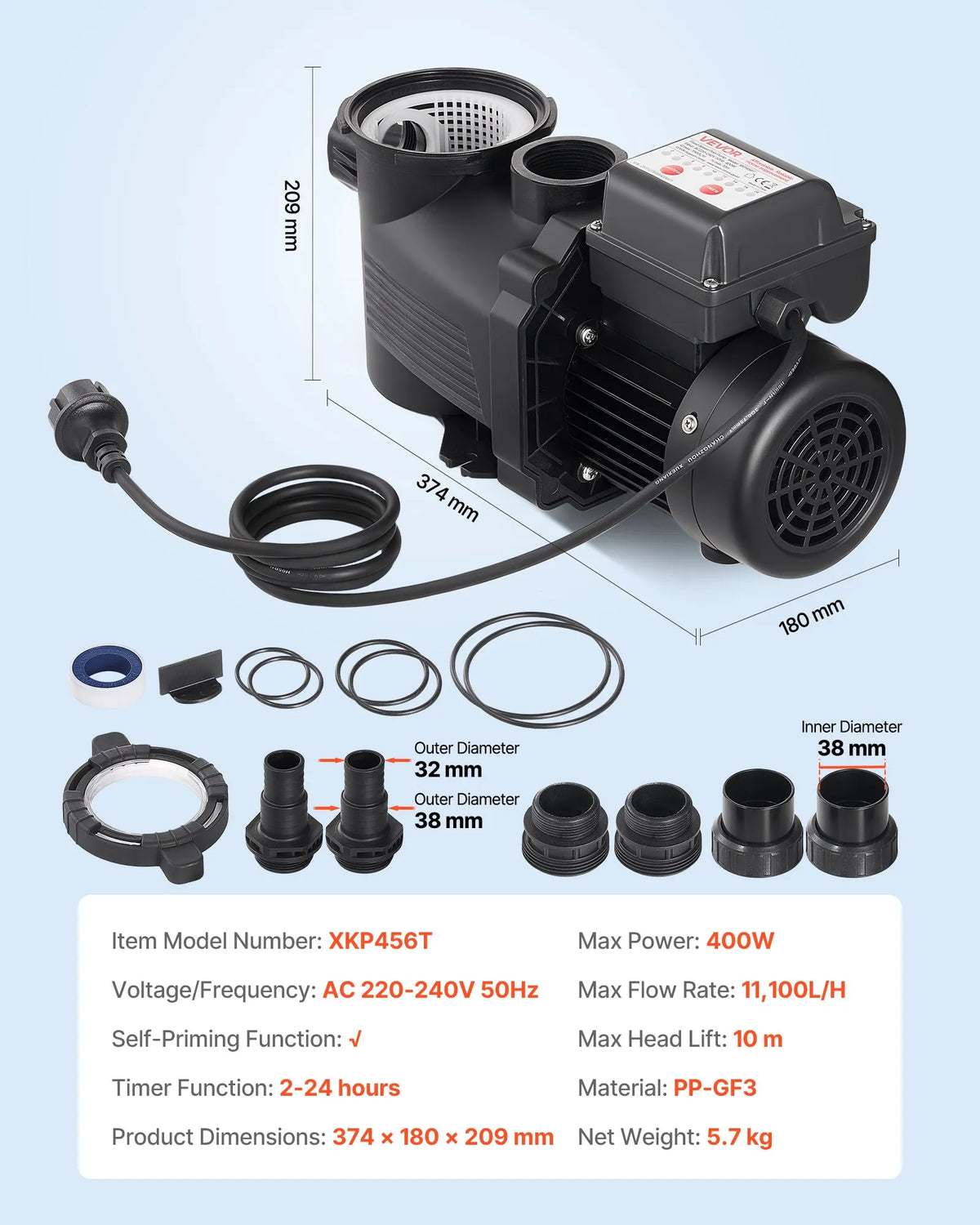 VEVOR baseina sūknis 400 W, līdz 11 100 l/h, 220–240 V, 3450 apgr./min, 10 m pacēlums, ar 24 h taimeri un filtra grozu, virszemes un iegremdētiem baseiniem, spa