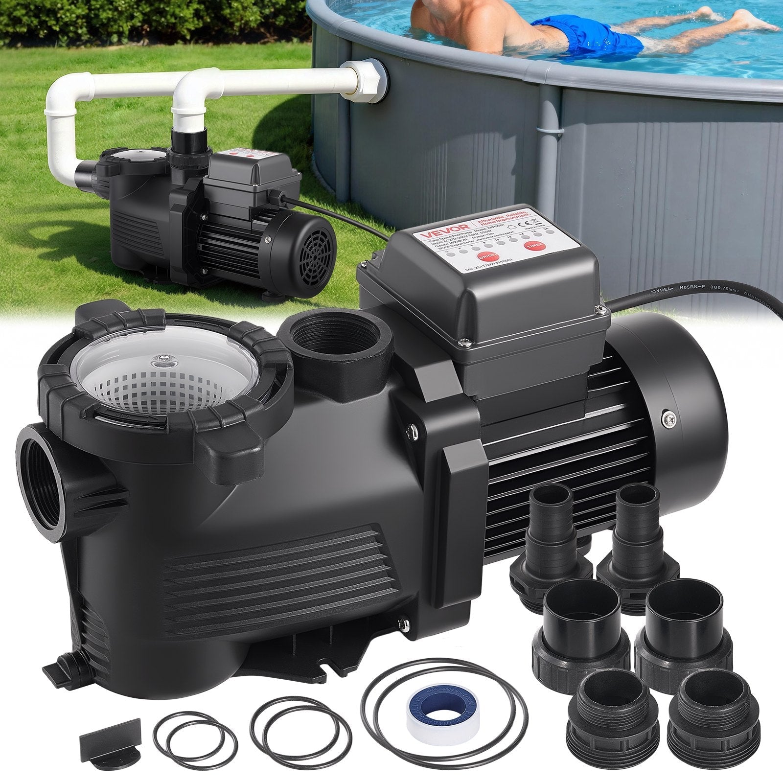 VEVOR baseina sūknis 550 W, līdz 14 000 l/h, 220–240 V, 3450 apgr./min, 12 m pacēlums, ar 24 h taimeri un filtra grozu, virszemes un iegremdētiem baseiniem, spa