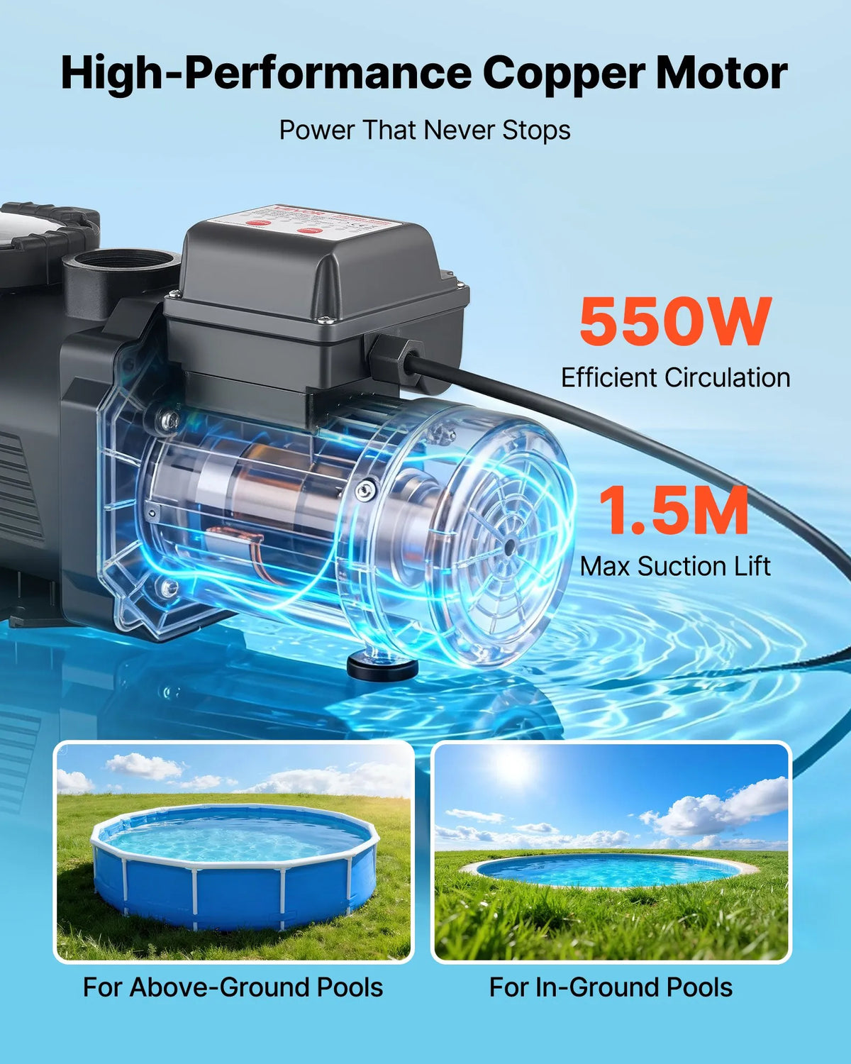 VEVOR baseina sūknis 550 W, līdz 14 000 l/h, 220–240 V, 3450 apgr./min, 12 m pacēlums, ar 24 h taimeri un filtra grozu, virszemes un iegremdētiem baseiniem, spa