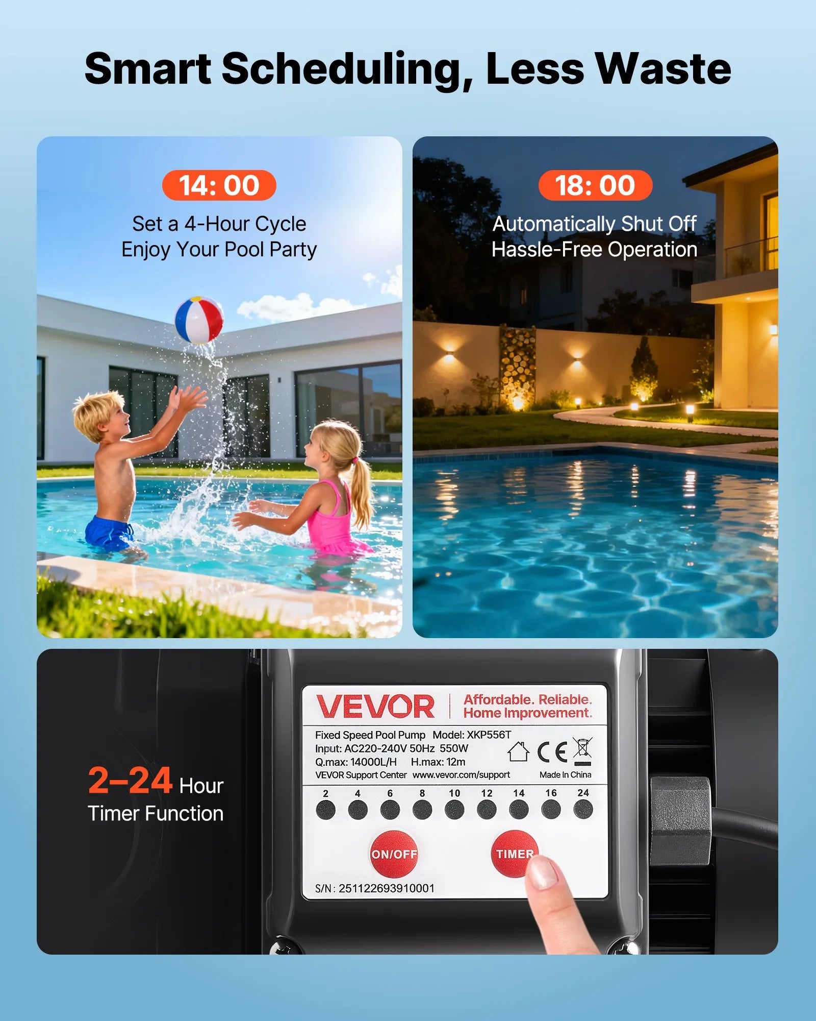 VEVOR baseina sūknis 550 W, līdz 14 000 l/h, 220–240 V, 3450 apgr./min, 12 m pacēlums, ar 24 h taimeri un filtra grozu, virszemes un iegremdētiem baseiniem, spa