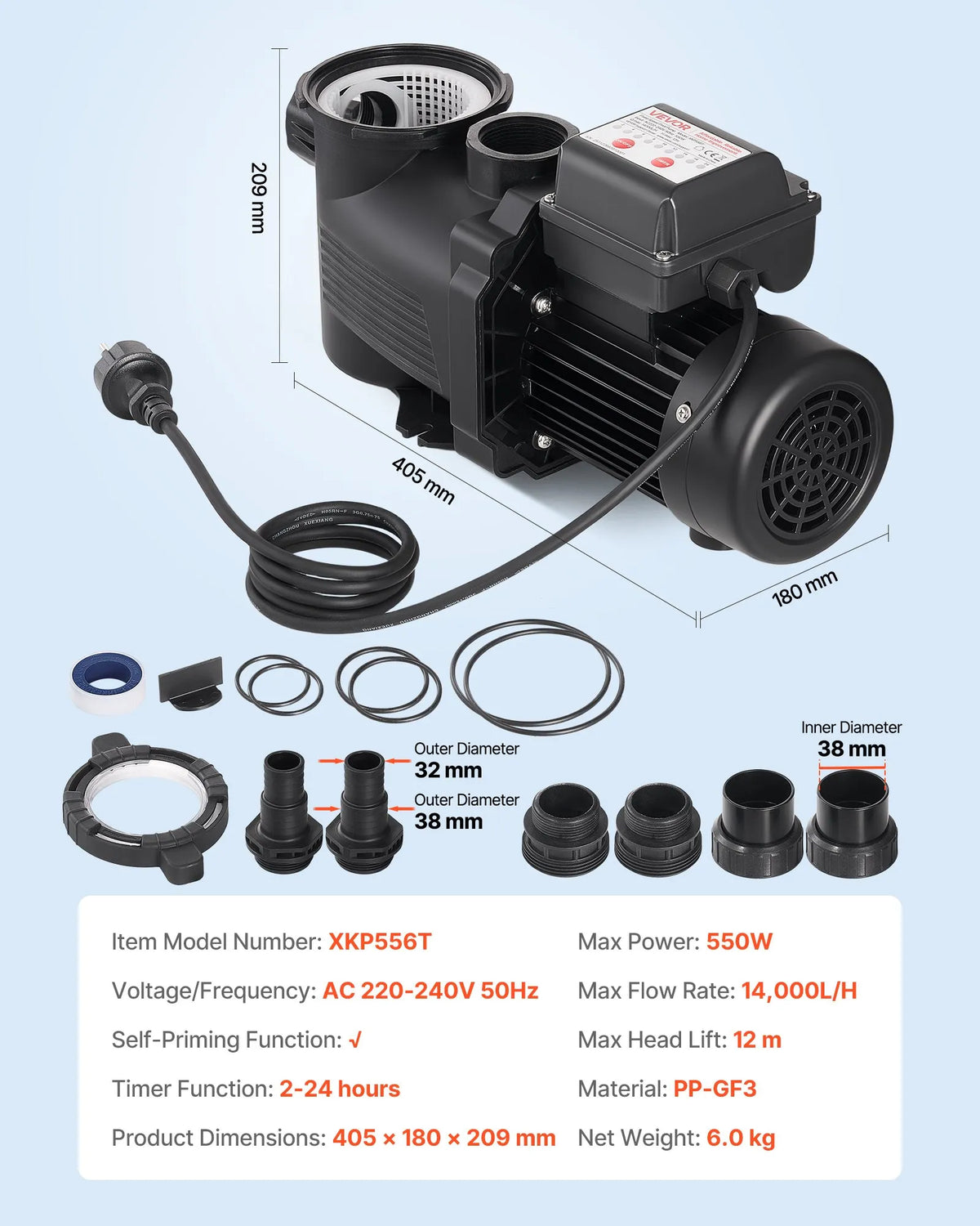 VEVOR baseina sūknis 550 W, līdz 14 000 l/h, 220–240 V, 3450 apgr./min, 12 m pacēlums, ar 24 h taimeri un filtra grozu, virszemes un iegremdētiem baseiniem, spa