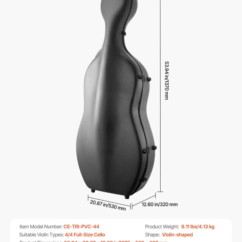 VEVOR 4/4 čella futrālis, kompozītmateriāla oglekļa šķiedra, viegls pārnēsājams ceļojumu koferis ar plīša oderi, divām plecu siksnām, pret skrāpējumiem izturīgs, profesionālas čella formas, melns
