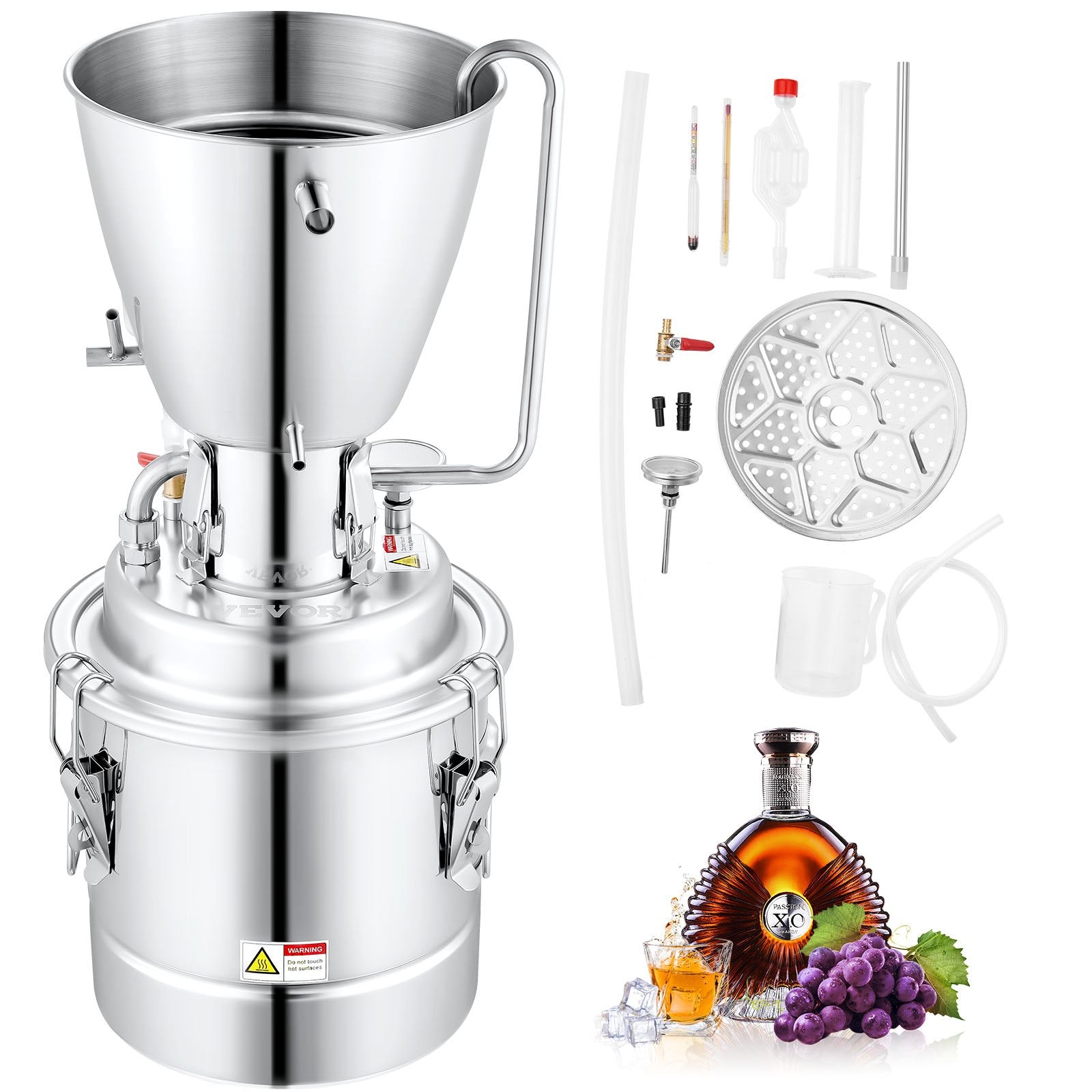 30L 304 stainless steel distillation apparatus with 6-bar coil and built-in thermoteric vonometer pump, suitable for alcohol distillation, essential oil extraction and water purification