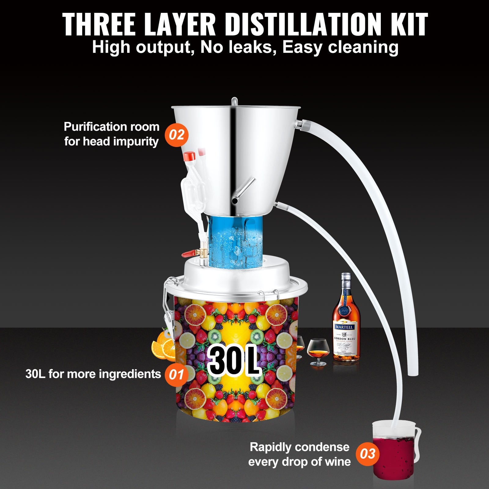 30L 304 stainless steel distillation apparatus with 6-bar coil and built-in thermoteric vonometer pump, suitable for alcohol distillation, essential oil extraction and water purification