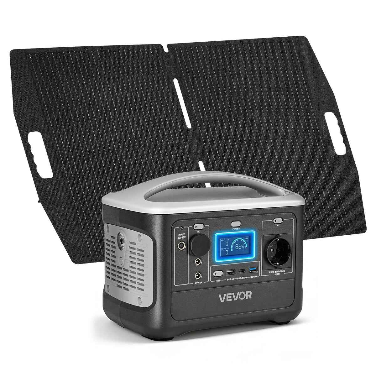 VEVOR portatīvā elektroenerģijas stacija ar 100 W saules paneli, 600 W saules ģenerators ar 493 Wh LiFePO4 akumulatoru un 7 izvades portiem mājas ārkārtas situācijām, kempingam un RV ceļojumiem