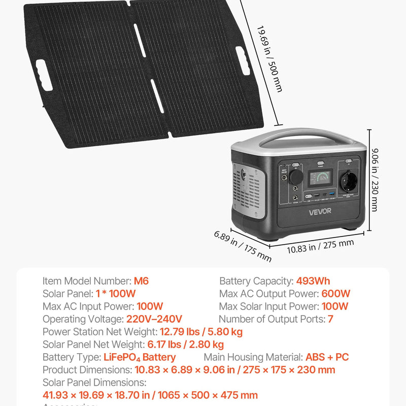 VEVOR portatīvā elektroenerģijas stacija ar 100 W saules paneli, 600 W saules ģenerators ar 493 Wh LiFePO4 akumulatoru un 7 izvades portiem mājas ārkārtas situācijām, kempingam un RV ceļojumiem