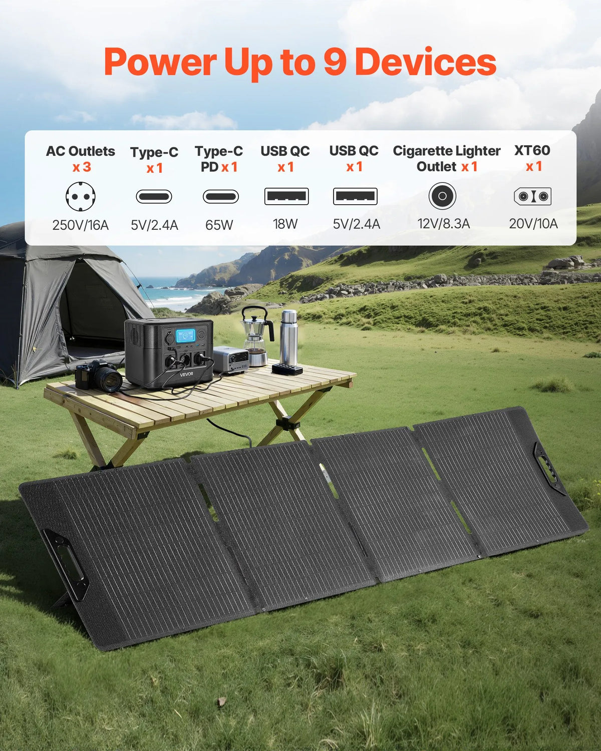 VEVOR portatīvā elektroenerģijas stacija ar 200 W saules paneli, 1200 W saules ģenerators ar 806 Wh LiFePO4 akumulatoru un 9 izvades portiem mājas avārijas situācijām, kempingam un RV ceļojumiem