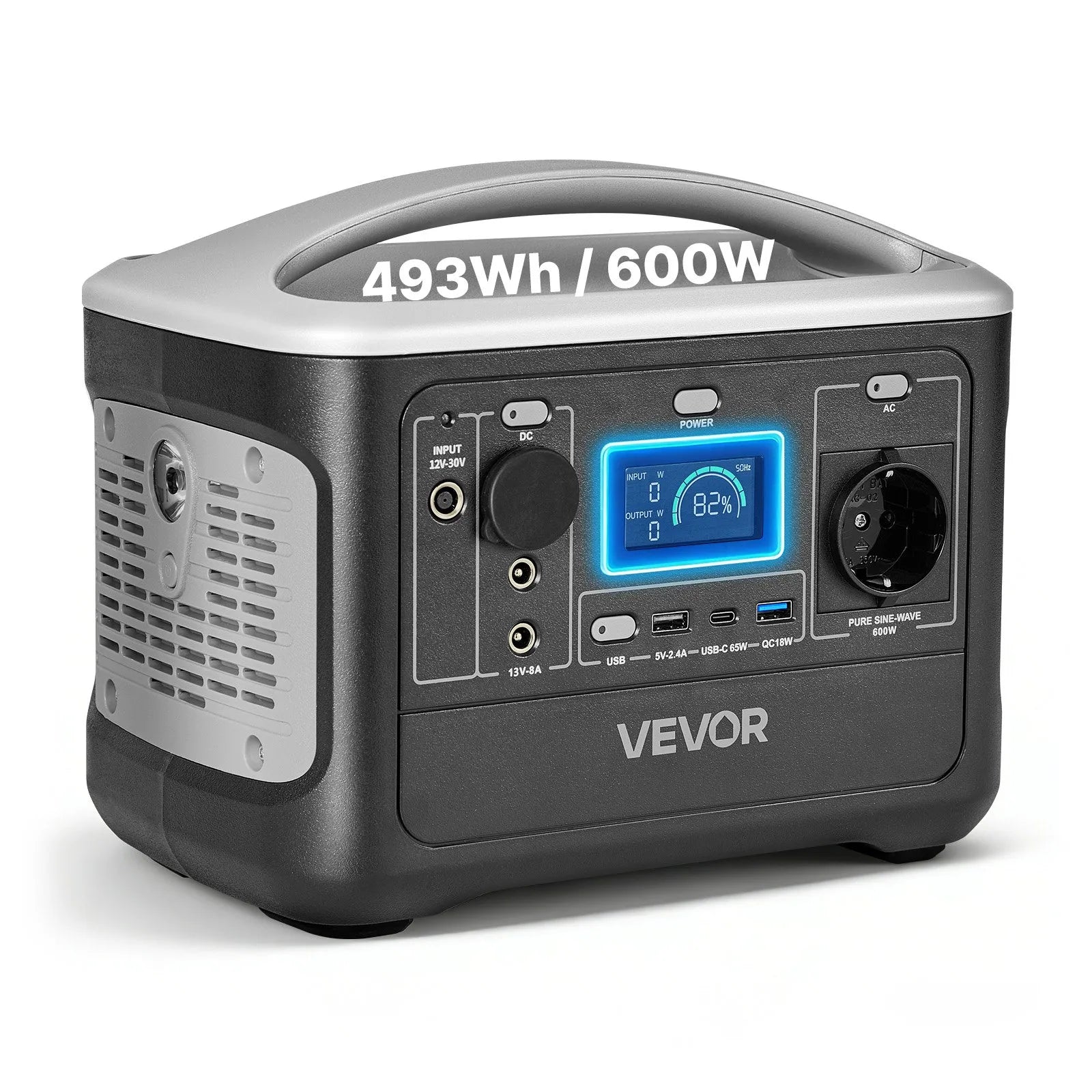 VEVOR pārnēsājama elektroenerģijas stacija 600 W ar 493 Wh LiFePO4 akumulatoru, saules ģeneratora akumulatoru stacija ar 7 izejas portiem mājas avārijas barošanai, kempingam un RV ceļojumiem (saules panelis nav iekļauts)