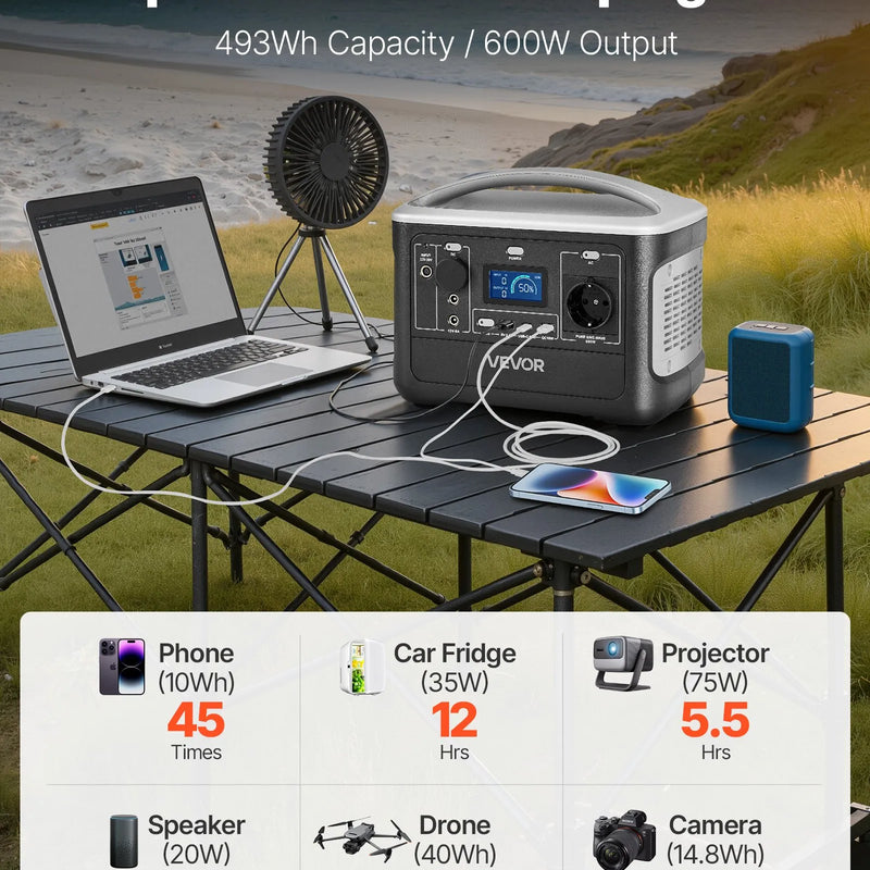VEVOR pārnēsājama elektroenerģijas stacija 600 W ar 493 Wh LiFePO4 akumulatoru, saules ģeneratora akumulatoru stacija ar 7 izejas portiem mājas avārijas barošanai, kempingam un RV ceļojumiem (saules panelis nav iekļauts)